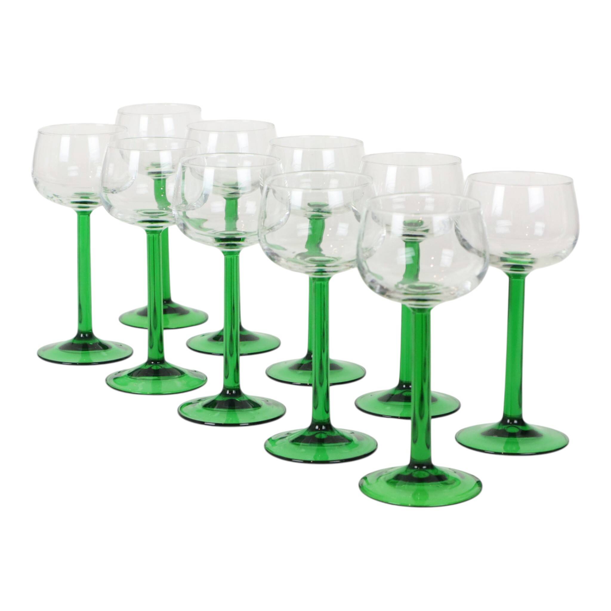 Set of 10 Vintage Luminarc Alsace Wine Glasses Thick Green Stems
