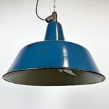 Industrial blue enamel factory lamp with cast iron top, 1960s