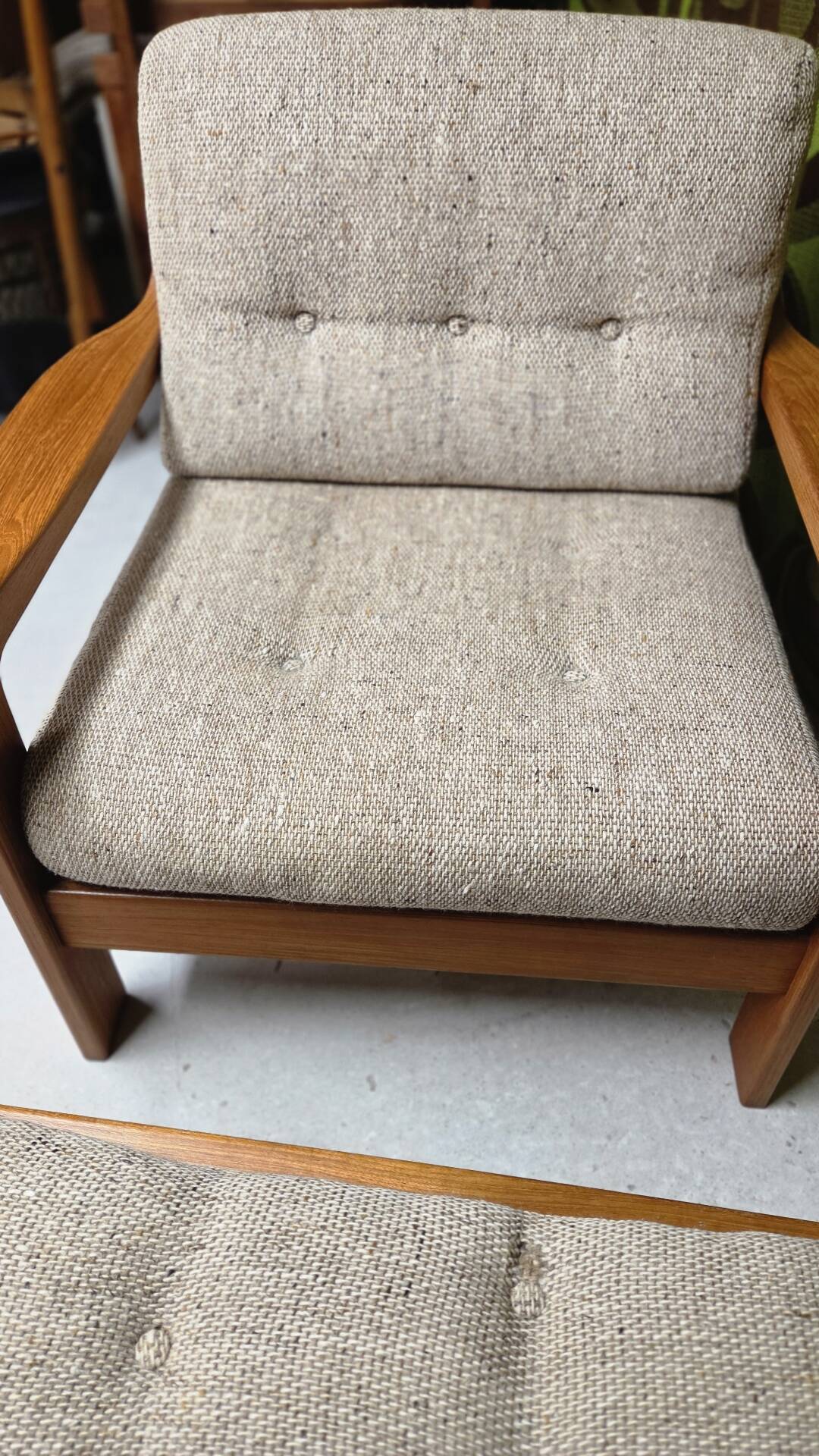 Fauteuil lounge scandinave en teck massif & ottoman 60/70