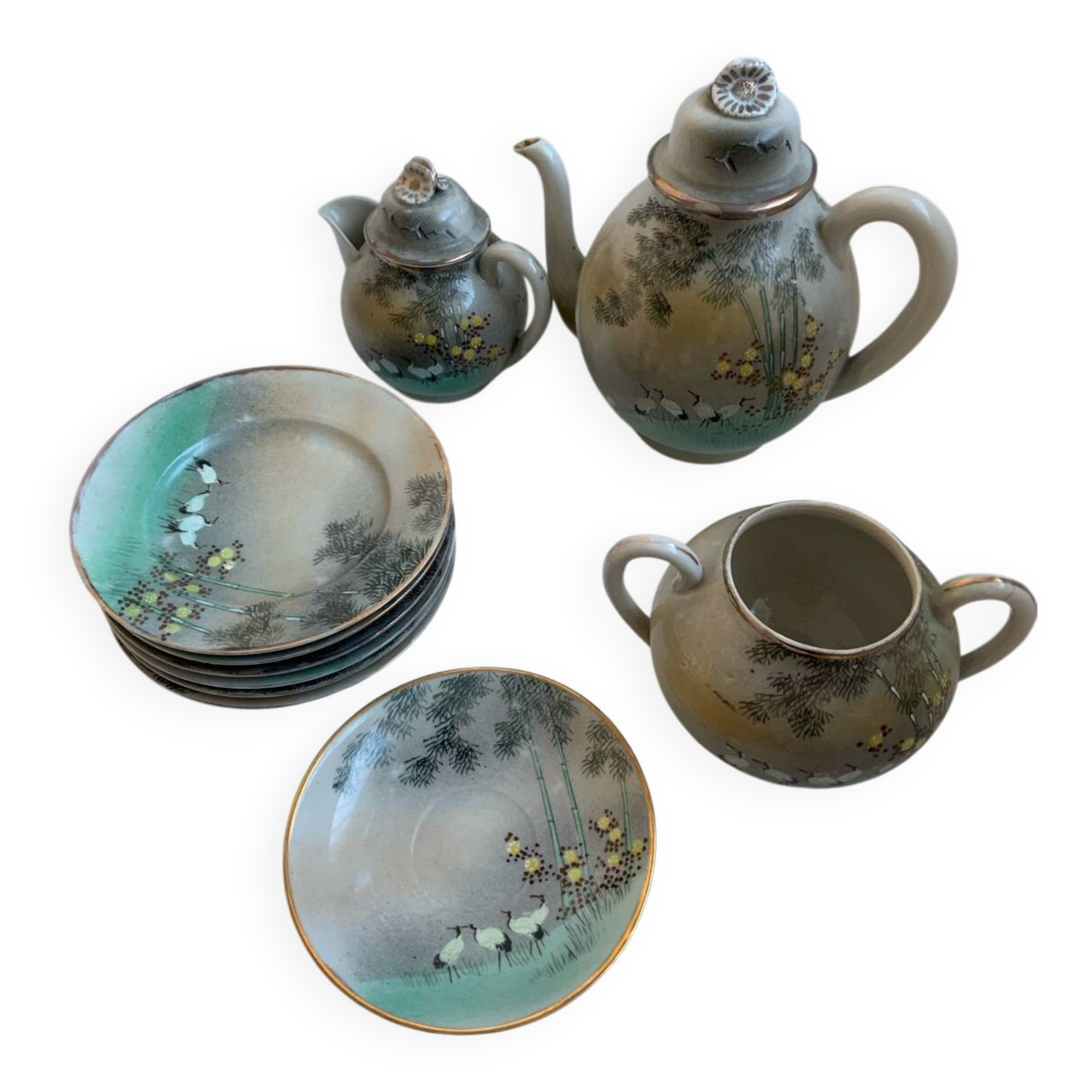 Fine porcelain tea service Japan - Decor of Cranes and Bamboo