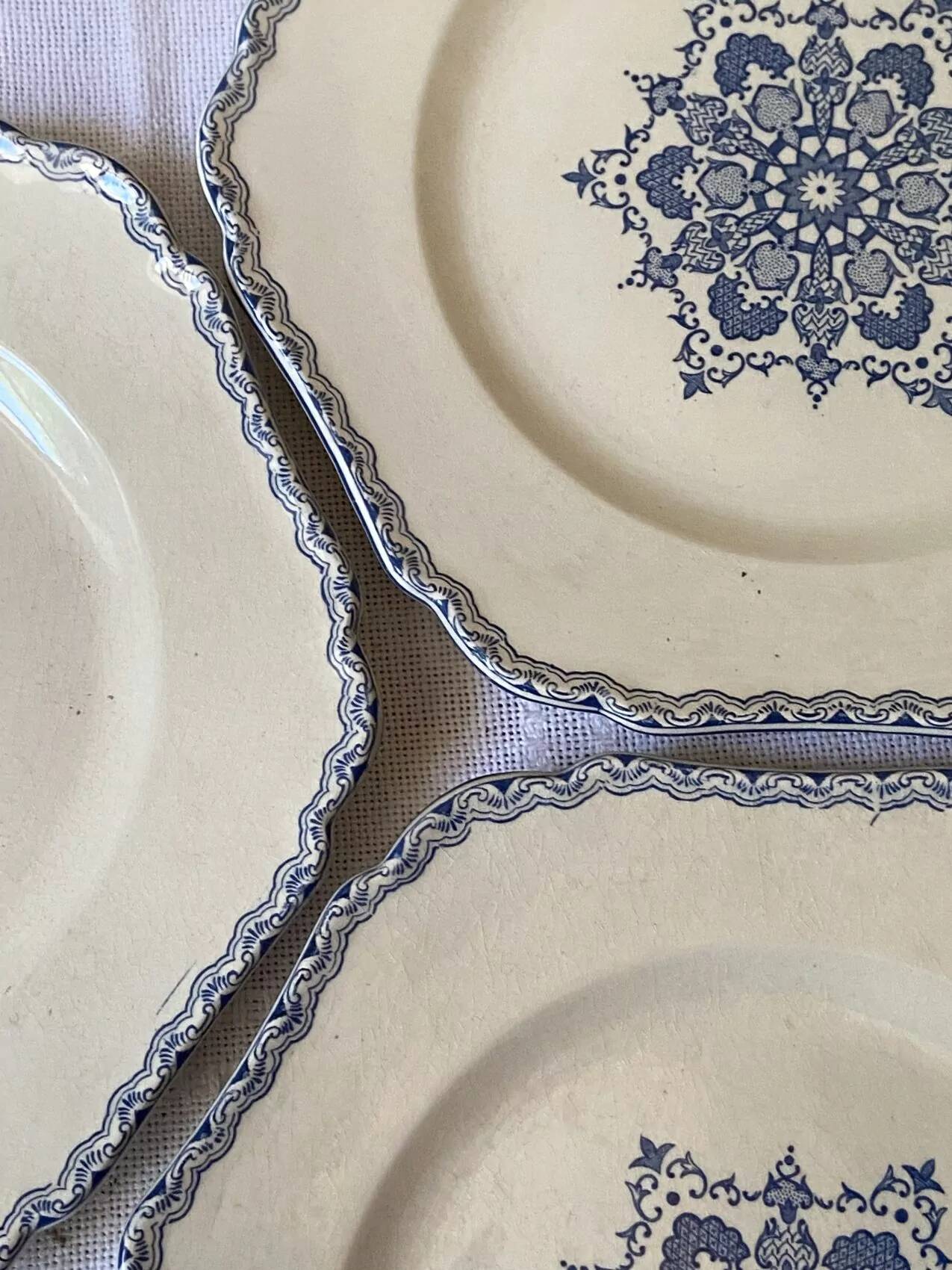 Set of 10 antique 6-sided flat plates – late 19th century earthenware, oriental light blue decor