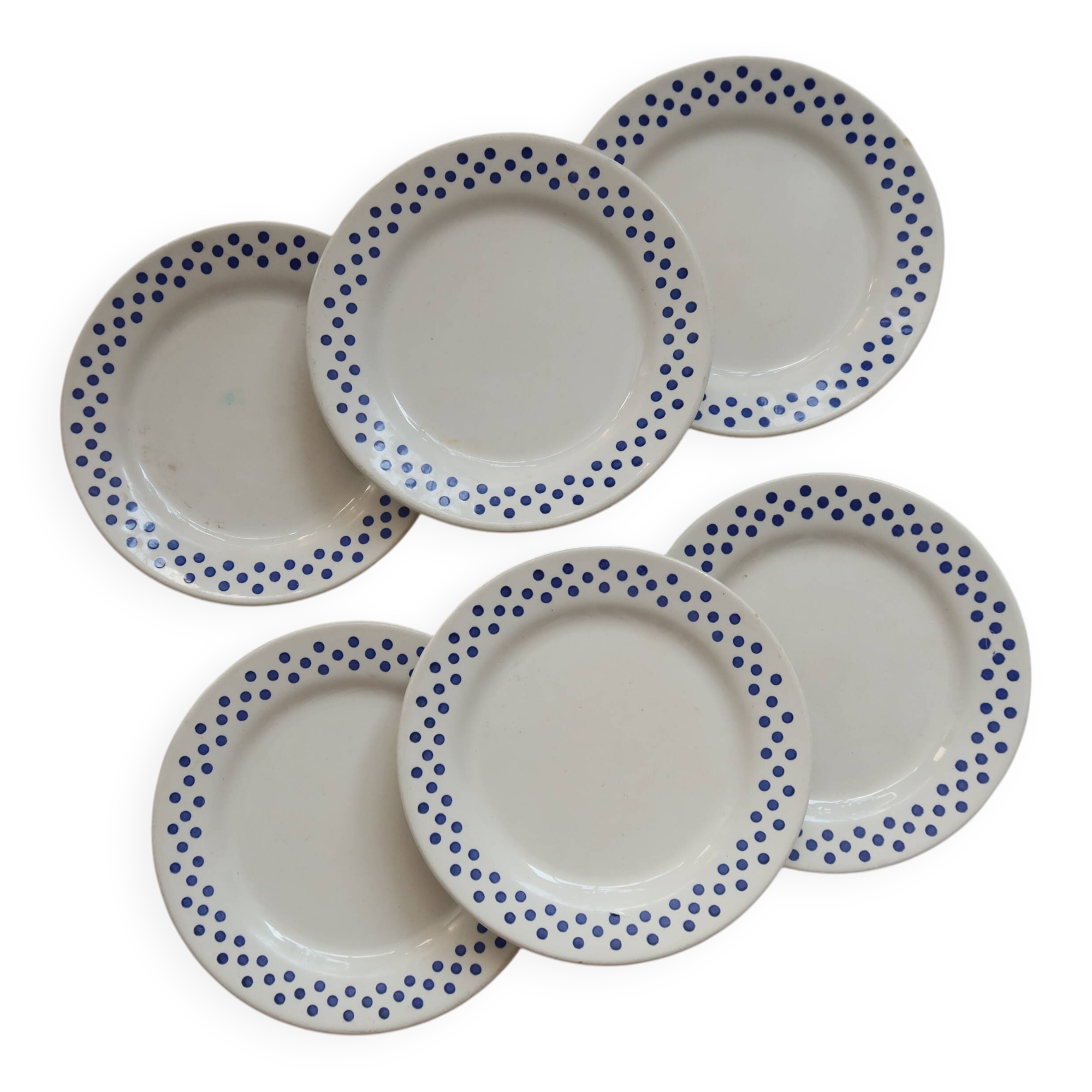 6 Vintage Oxford Earthenware Dessert Plates - Blue Polka Dot Pattern