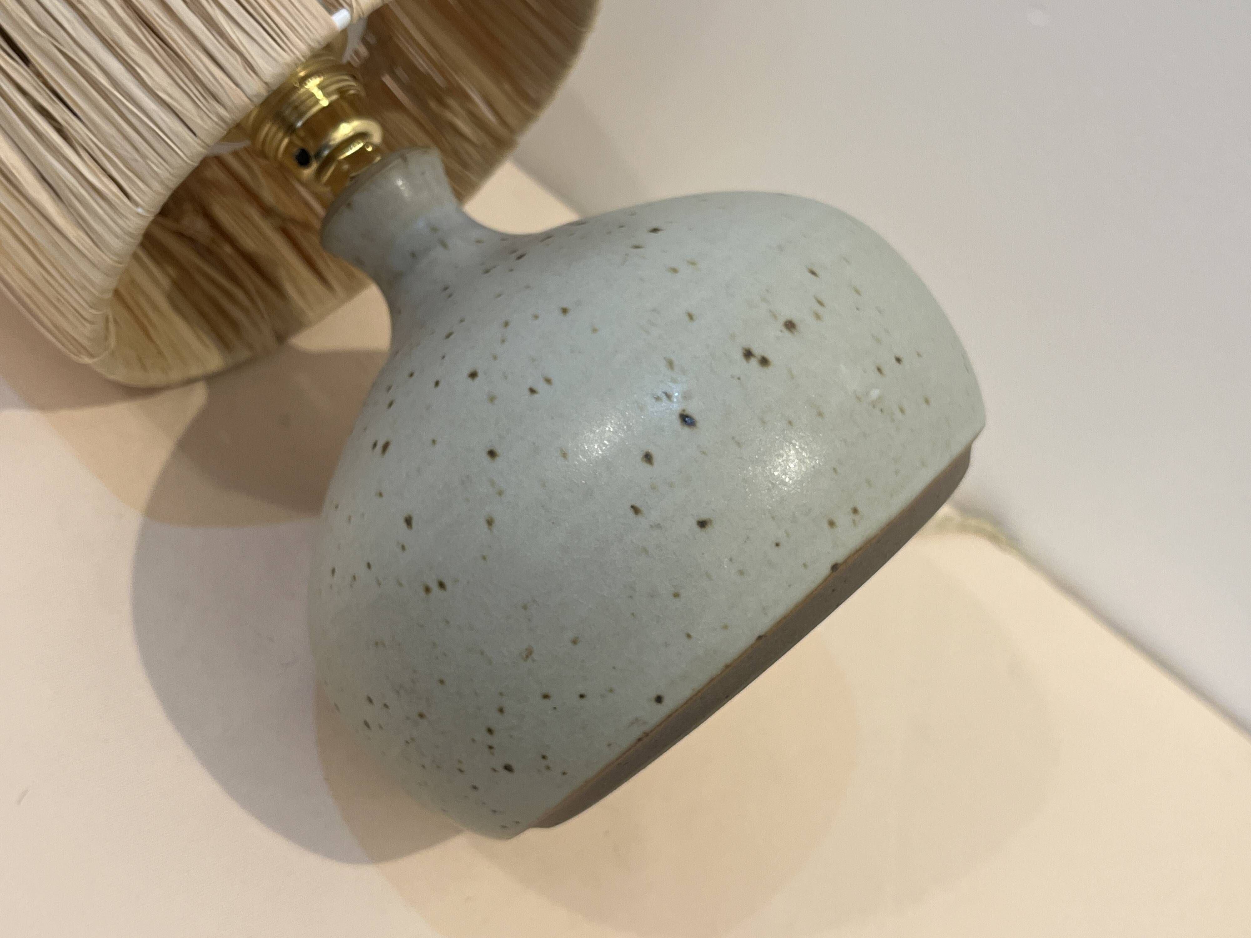 Vintage lamp base in beige-grey ceramic stoneware with raffia lampshade, 1970s