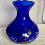 Vase verre bleu moucheté La Rochère vintage 1970-80