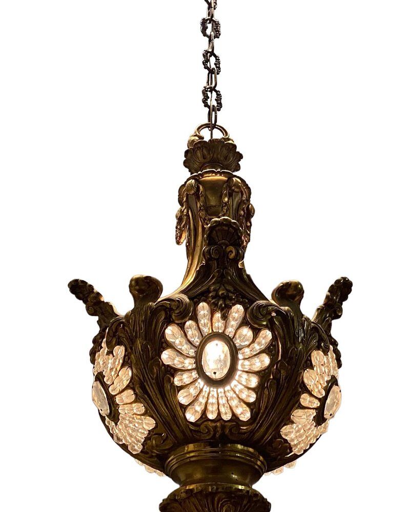 Vintage Bronze & Crystal Beaded Chandelier, 1950s