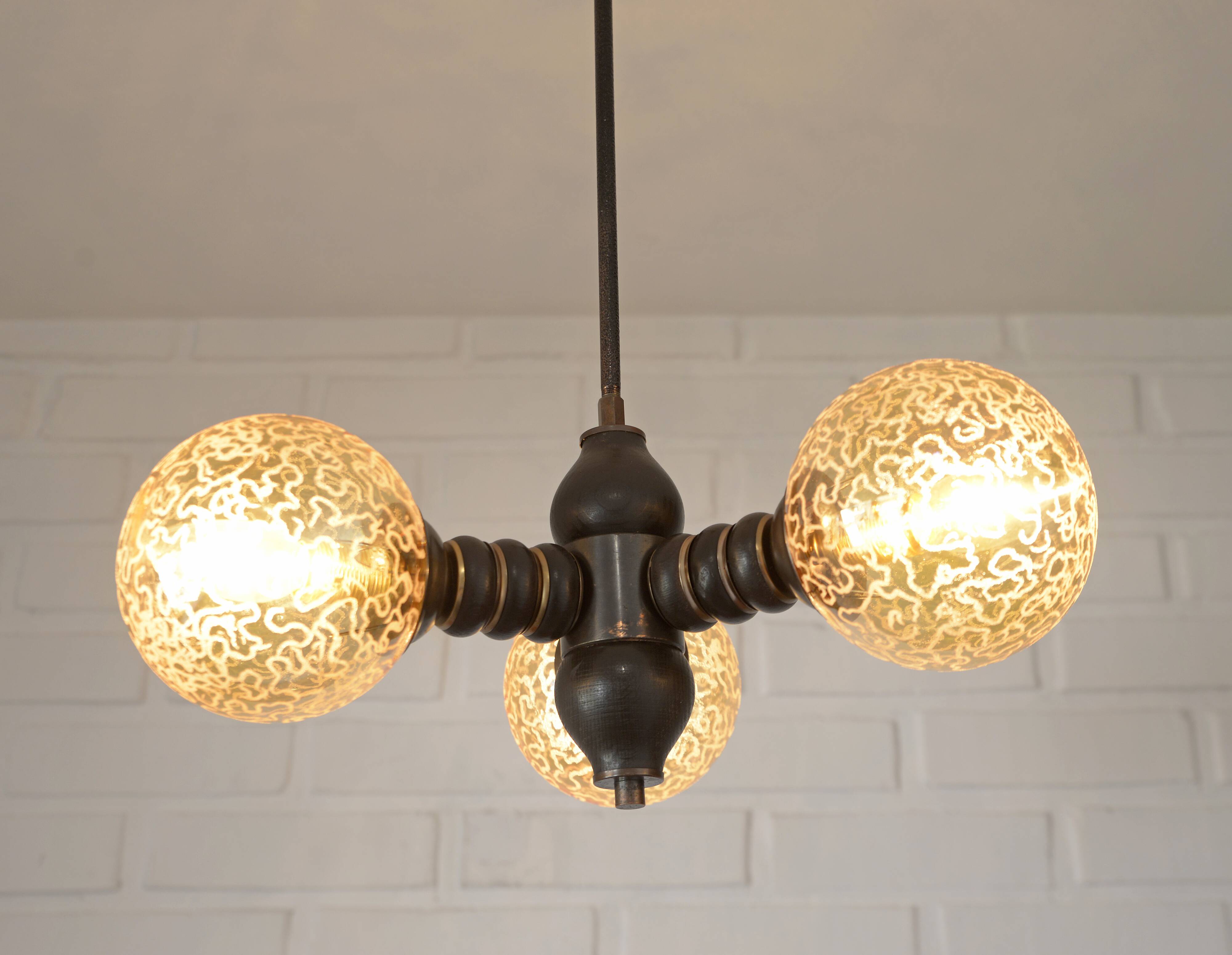 Wooden sputnik vintage pendant lamp / mid-century rustic hanging lamp 1970s