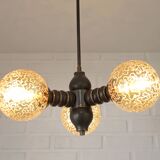 Wooden sputnik vintage pendant lamp / mid-century rustic hanging lamp 1970s