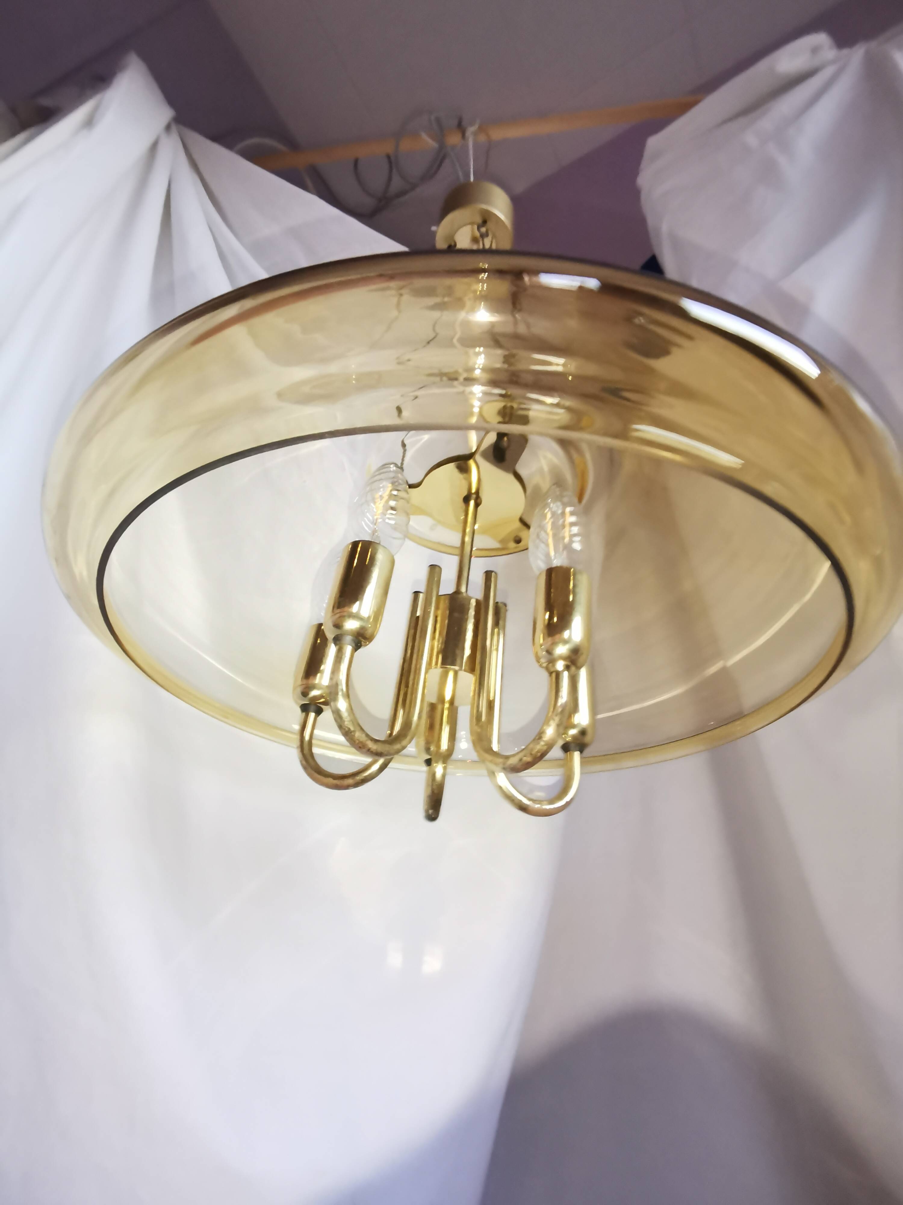 Large chandelier in brass and smoked glass, six branches, space age, baroque, Italy, 1970.