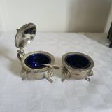 Ancien Saleron et Moutardier en Métal Argenté et Verre Bleu