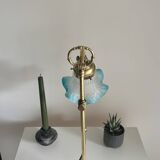 Art Nouveau style gilded brass lamp with sky blue opaline tulip
