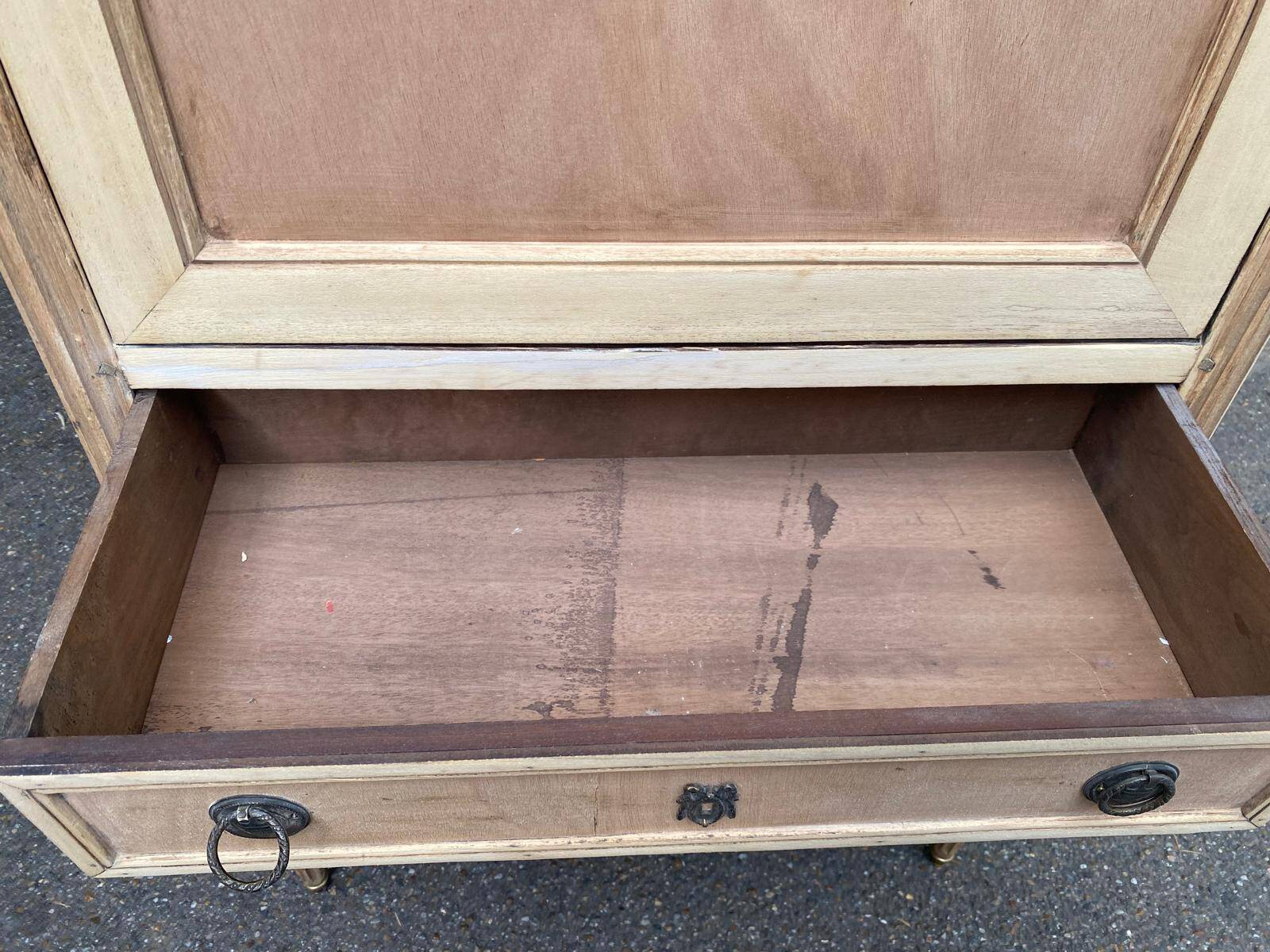 Secretary Louis XVI in stripped solid pine with a drop-down front and red leather, 1950.