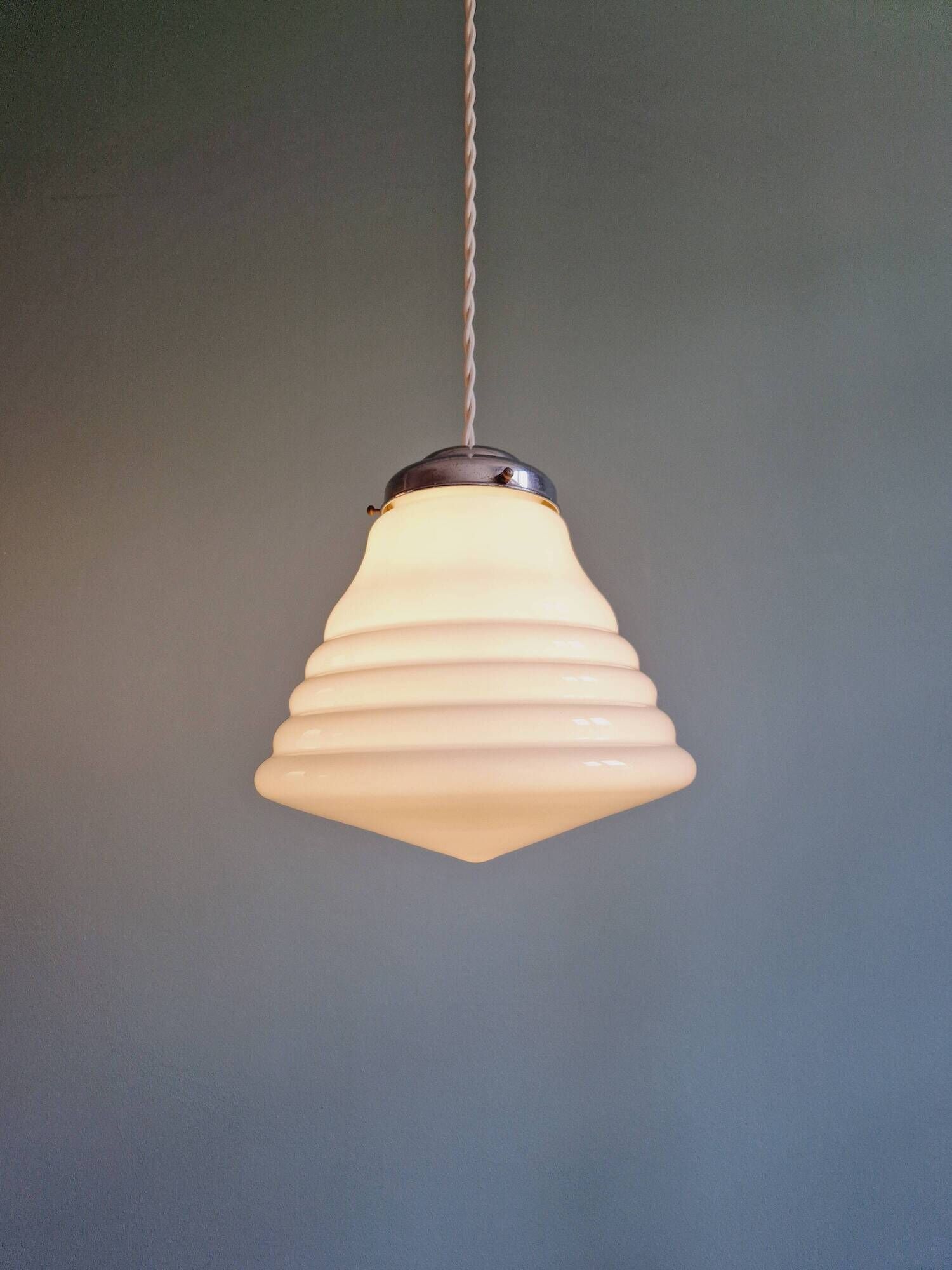 Art Deco conical pendant light in white opaline, 1920s-30s