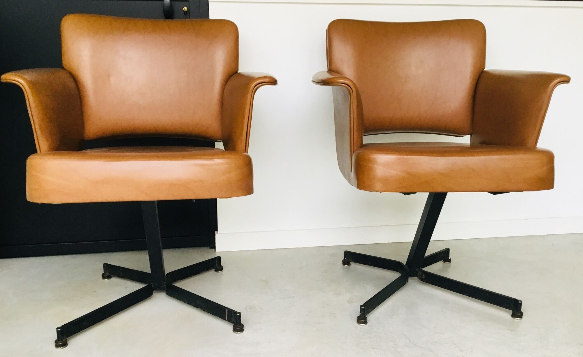Pair of brown faux leather armchairs - black metallic footing - 1960