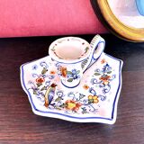 Handcrafted enameled ceramic candle holder signed vintage Rouen style decor