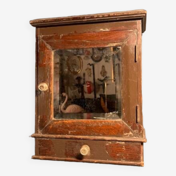 Armoire à pharmacie ancienne en bois et miroir biseauté, XIXème