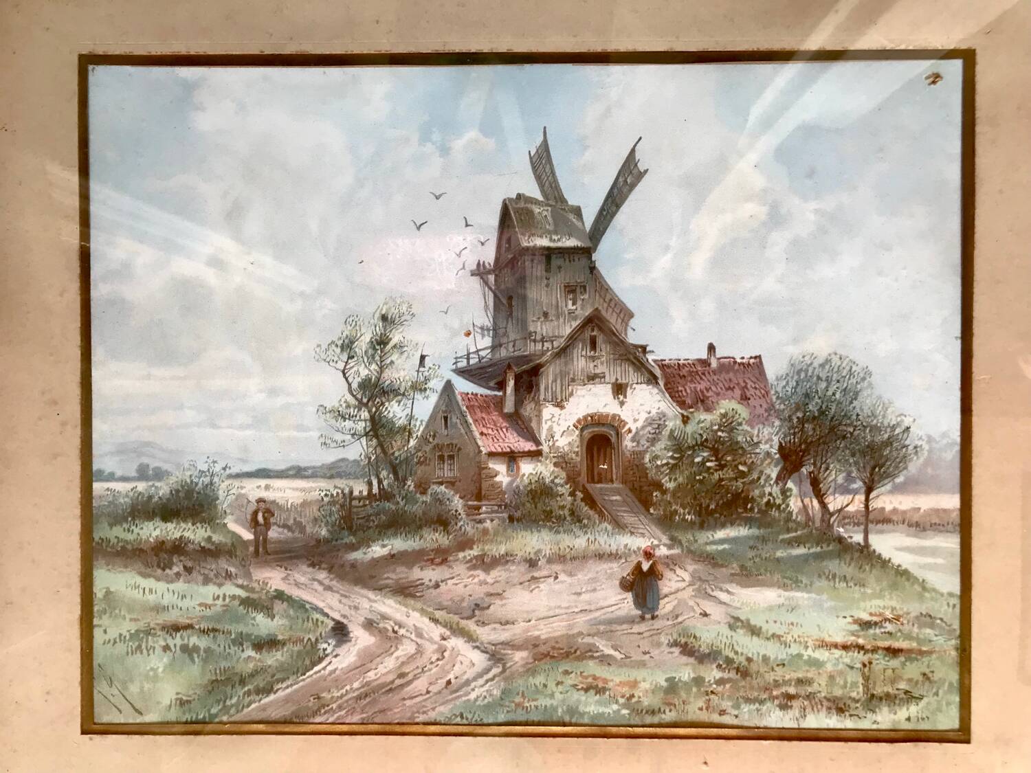 Old painting, mill in the countryside