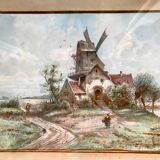 Old painting, mill in the countryside