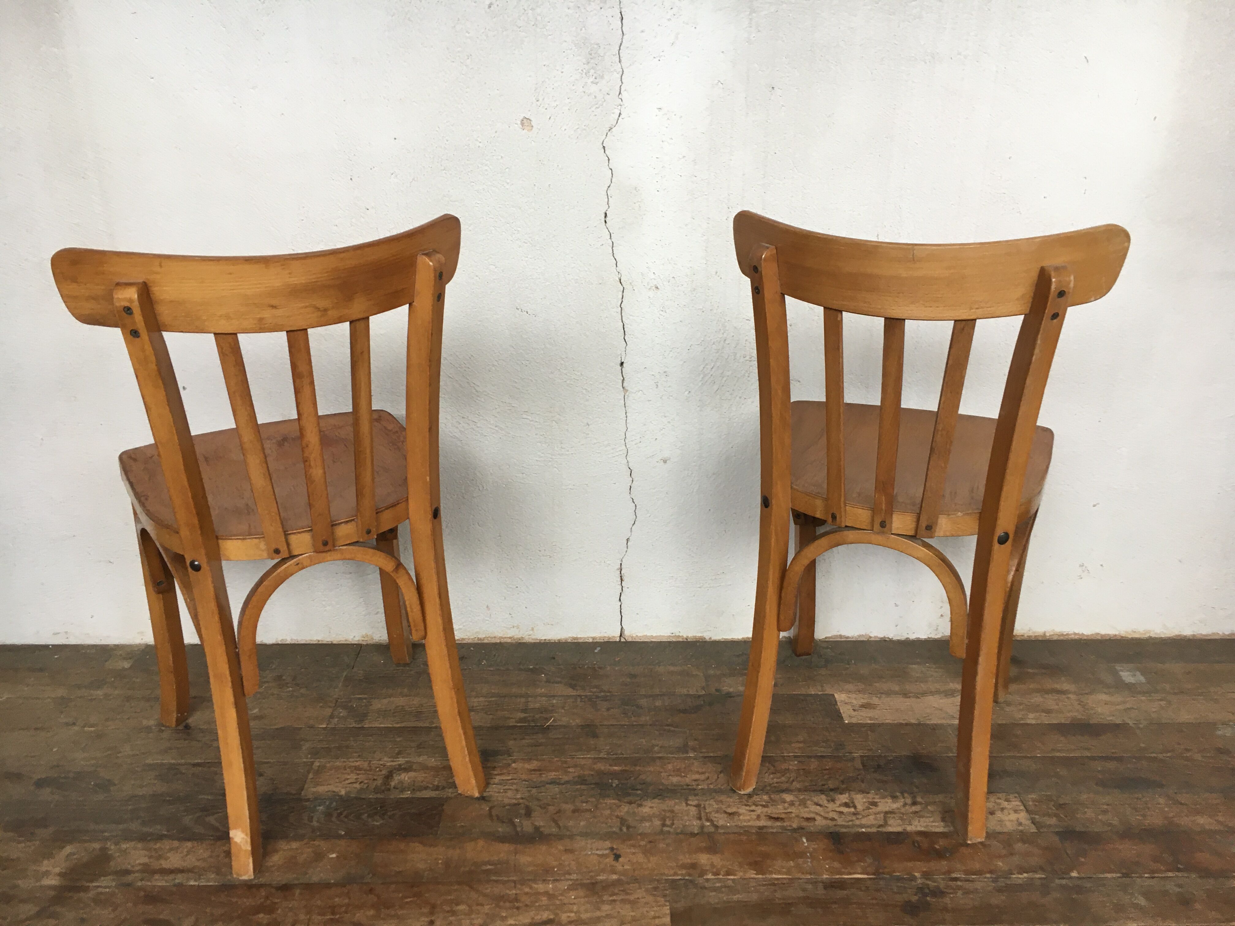 Pair of bistro and bohemian beech vintage chairs 1950