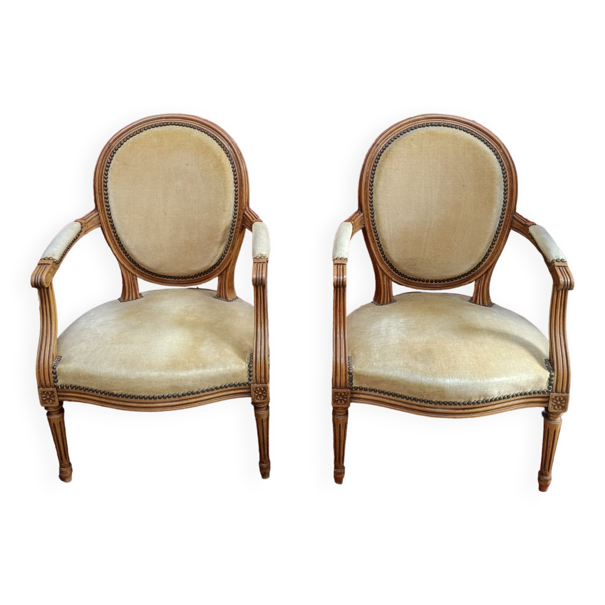Pair of armchairs medallion Louis XV style, yellow velvet