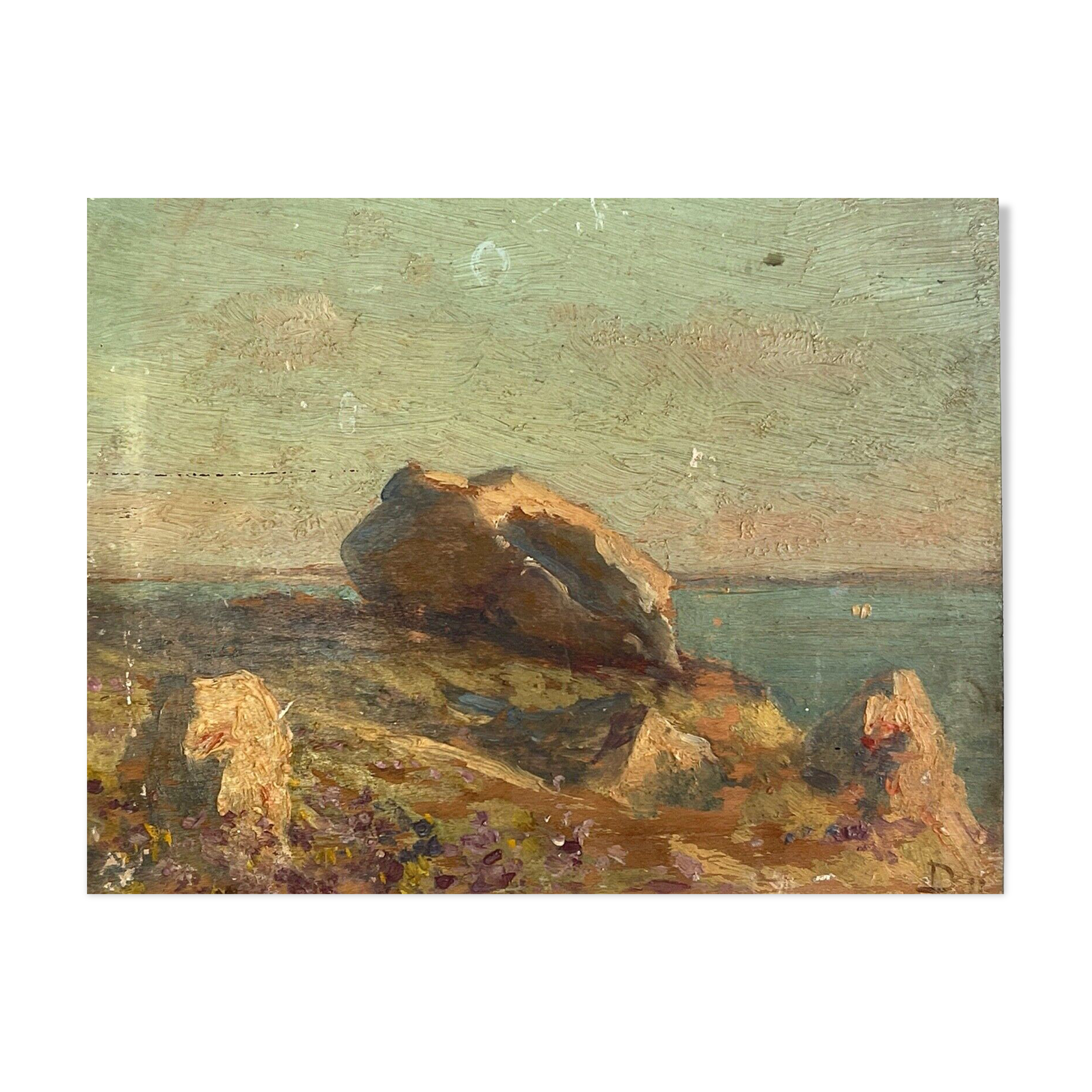 Oil on wood panel marine theme XlXth view of brittany