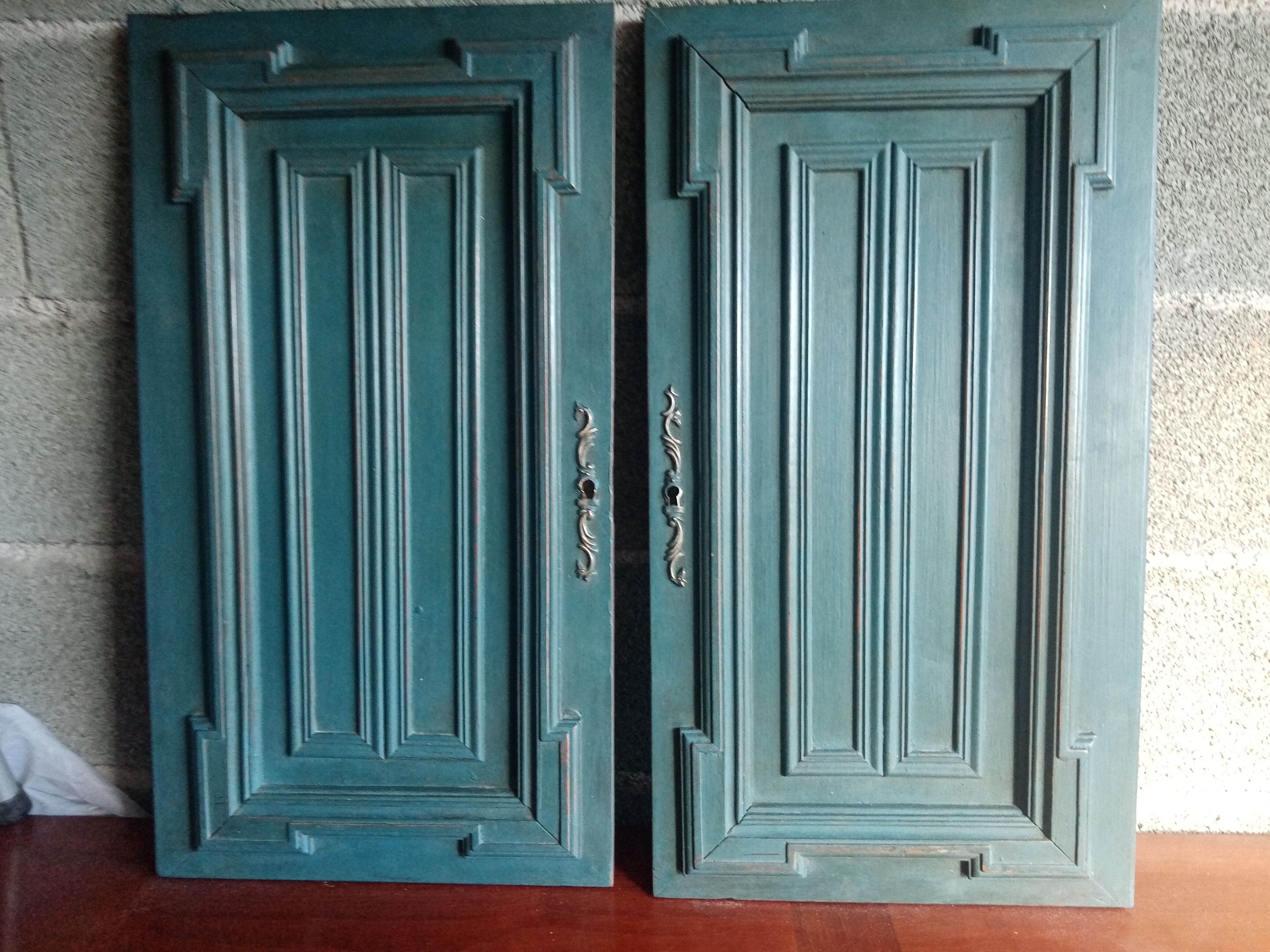 Pair Old Patinated Door Blue Aubusson Wooden Door Deco