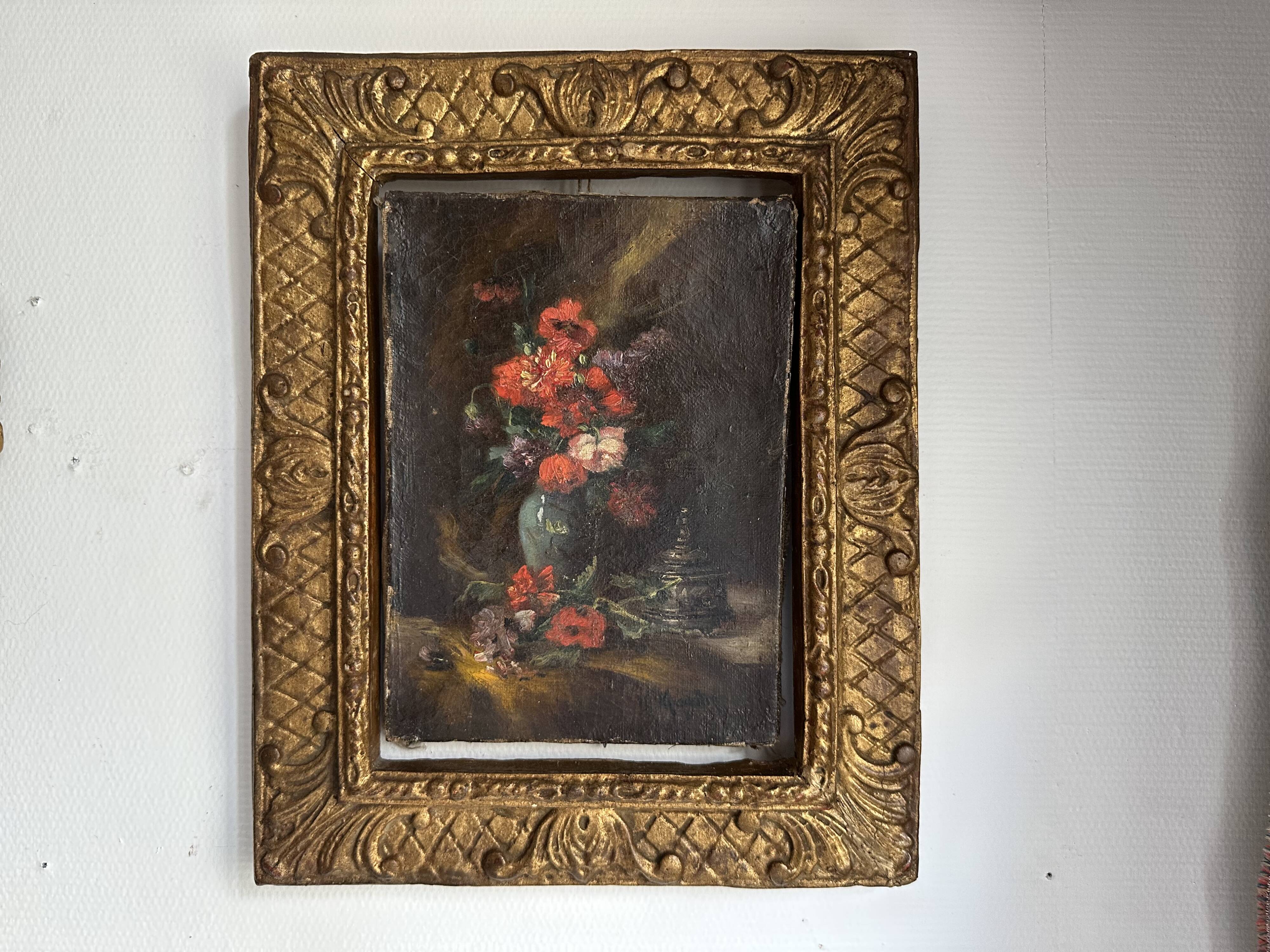 Tableau ancien fleurs signé avec cadre en bois et stuc doré, XIXe
