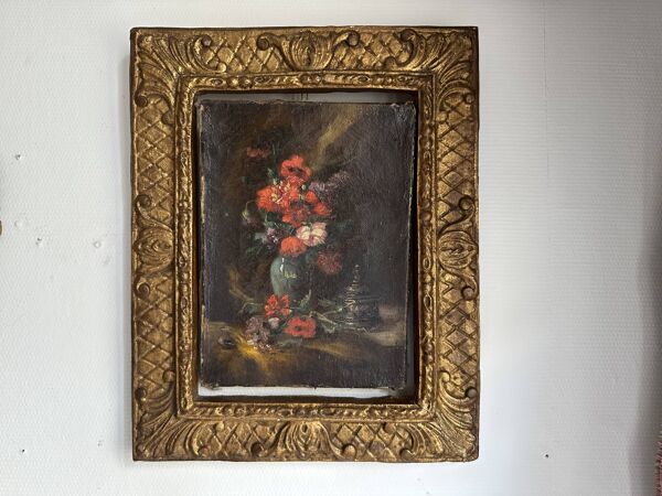 Tableau ancien fleurs signé avec cadre en bois et stuc doré, XIXe