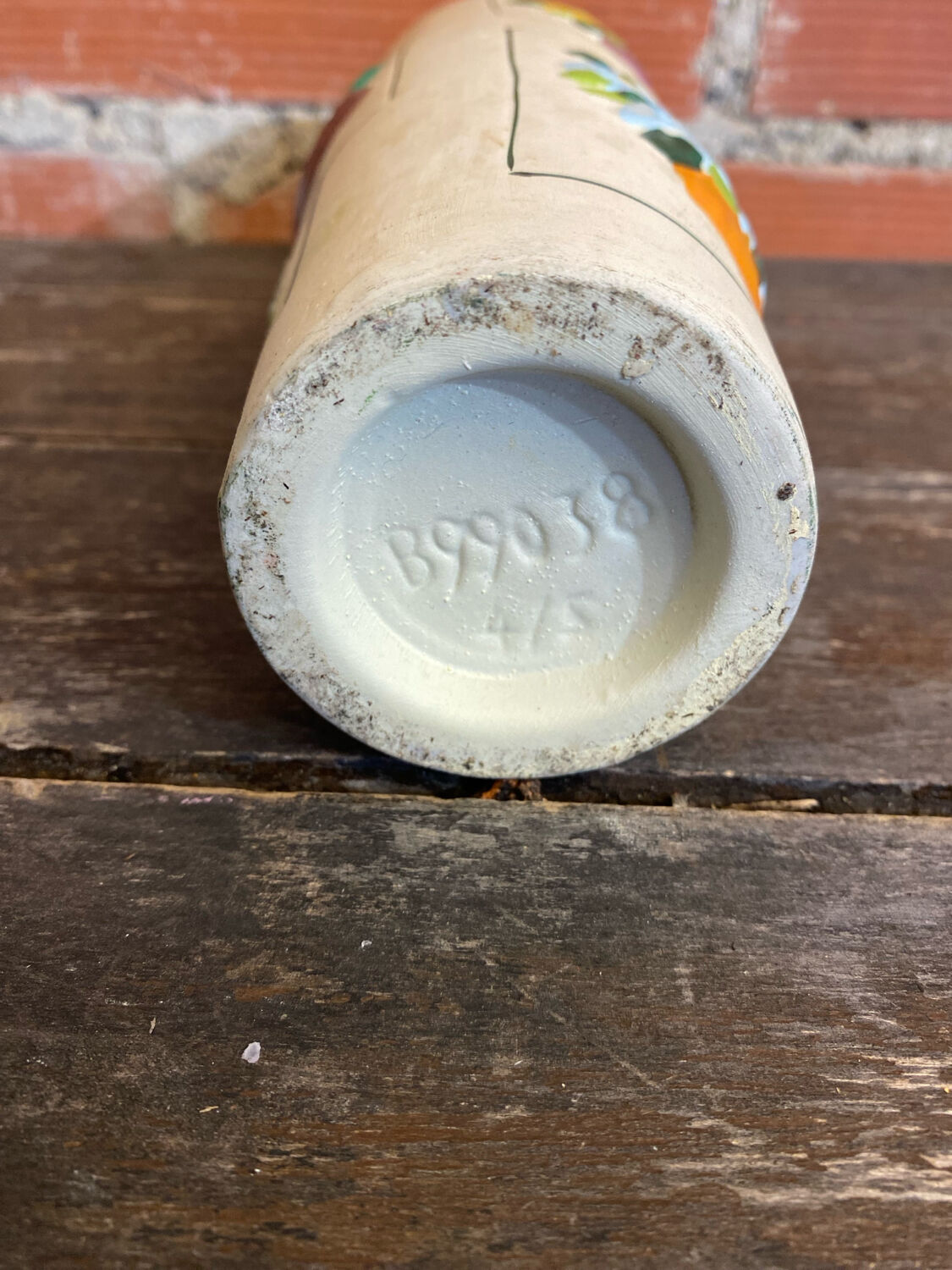 Old Rolled Vase Beige Ceramic Polychrome Flower Decor Vintage #D