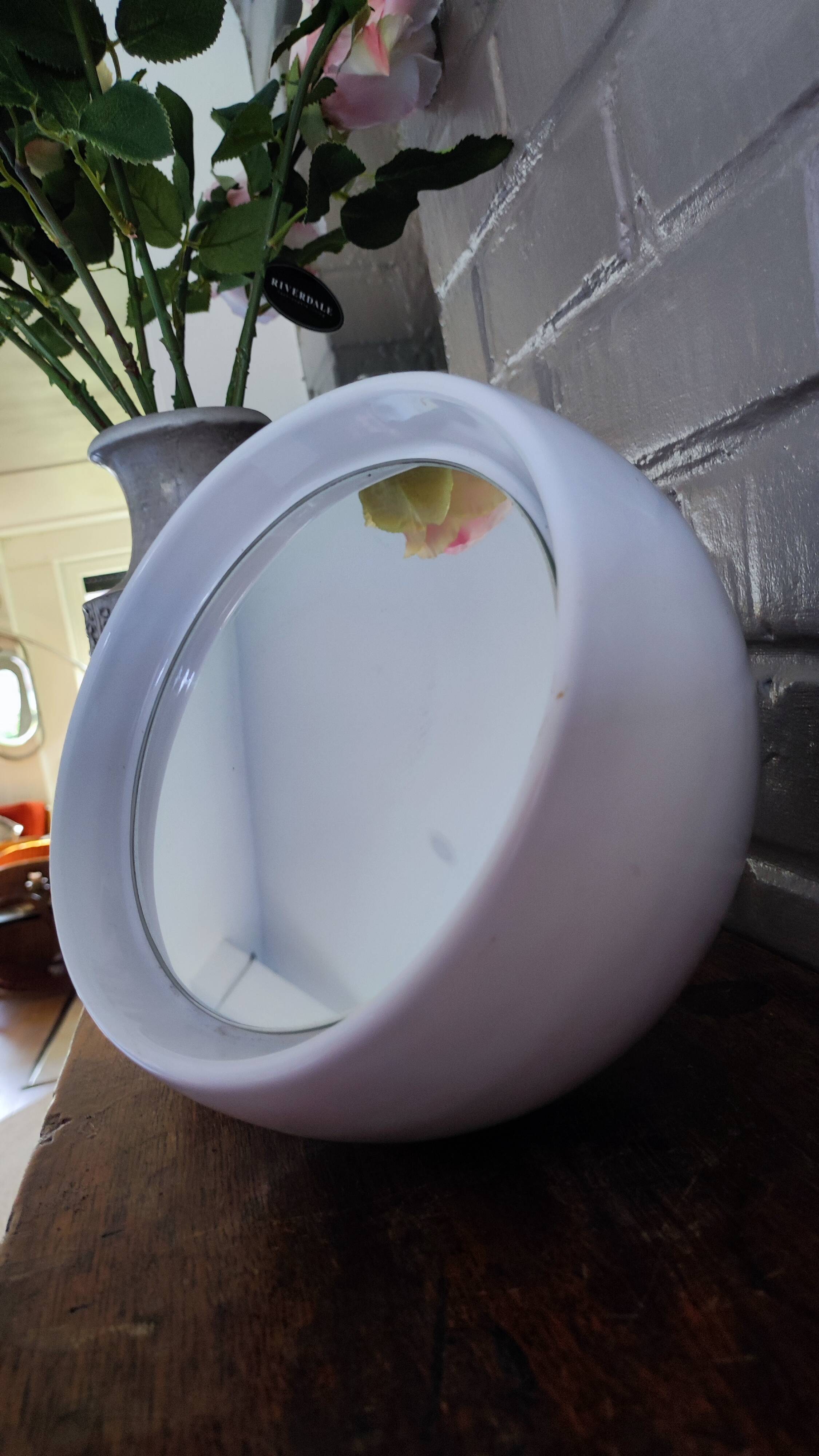 White Ceramic Table Mirror Weighted in a Space Age Ball Shape