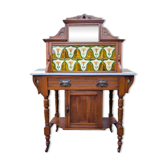 Coiffeuse ancienne Art Nouveau avec plateau en marbre et carreaux de céramique floraux