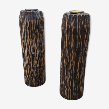 Pair of brutalist candlesticks made of wood cut with a gouge 1960