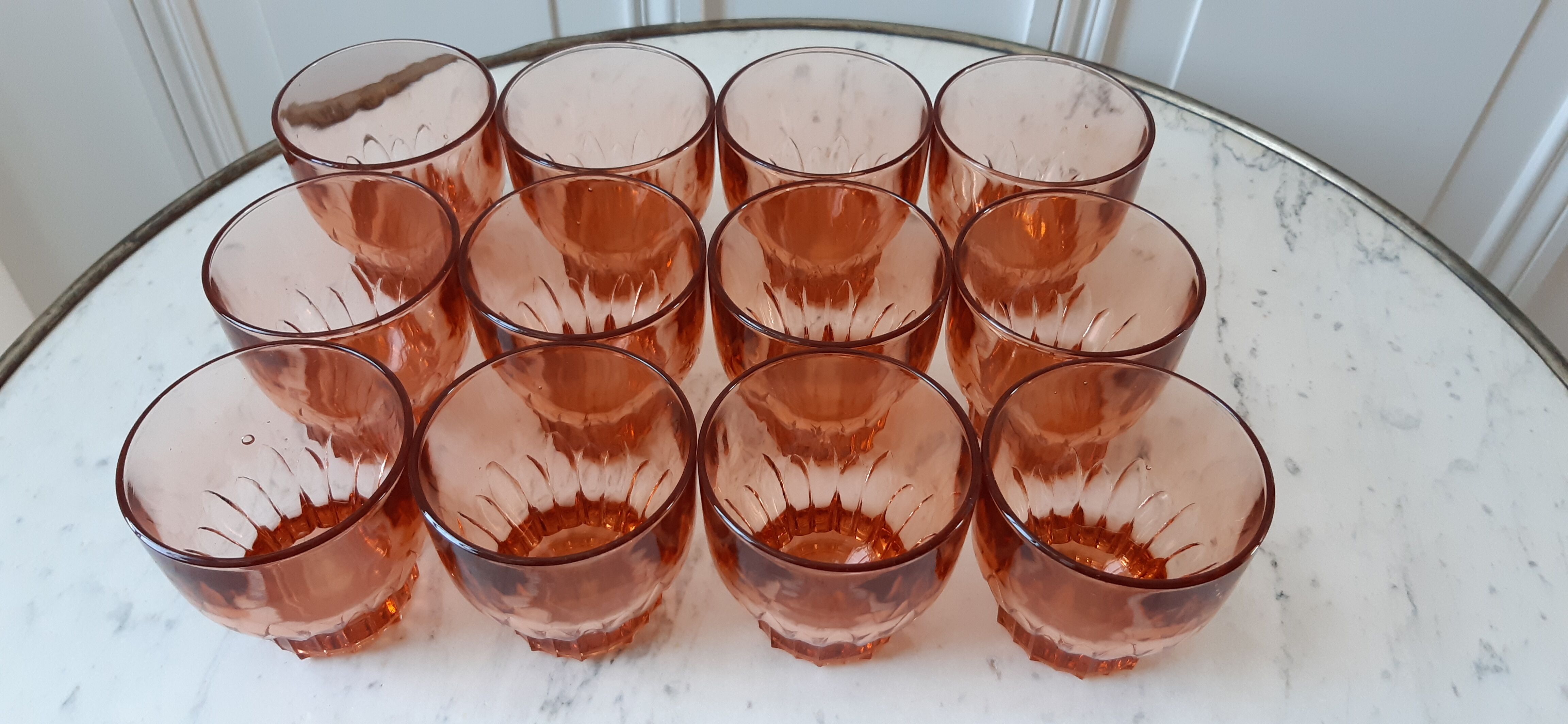 Lot de 12 verres à eau en verre rose art déco