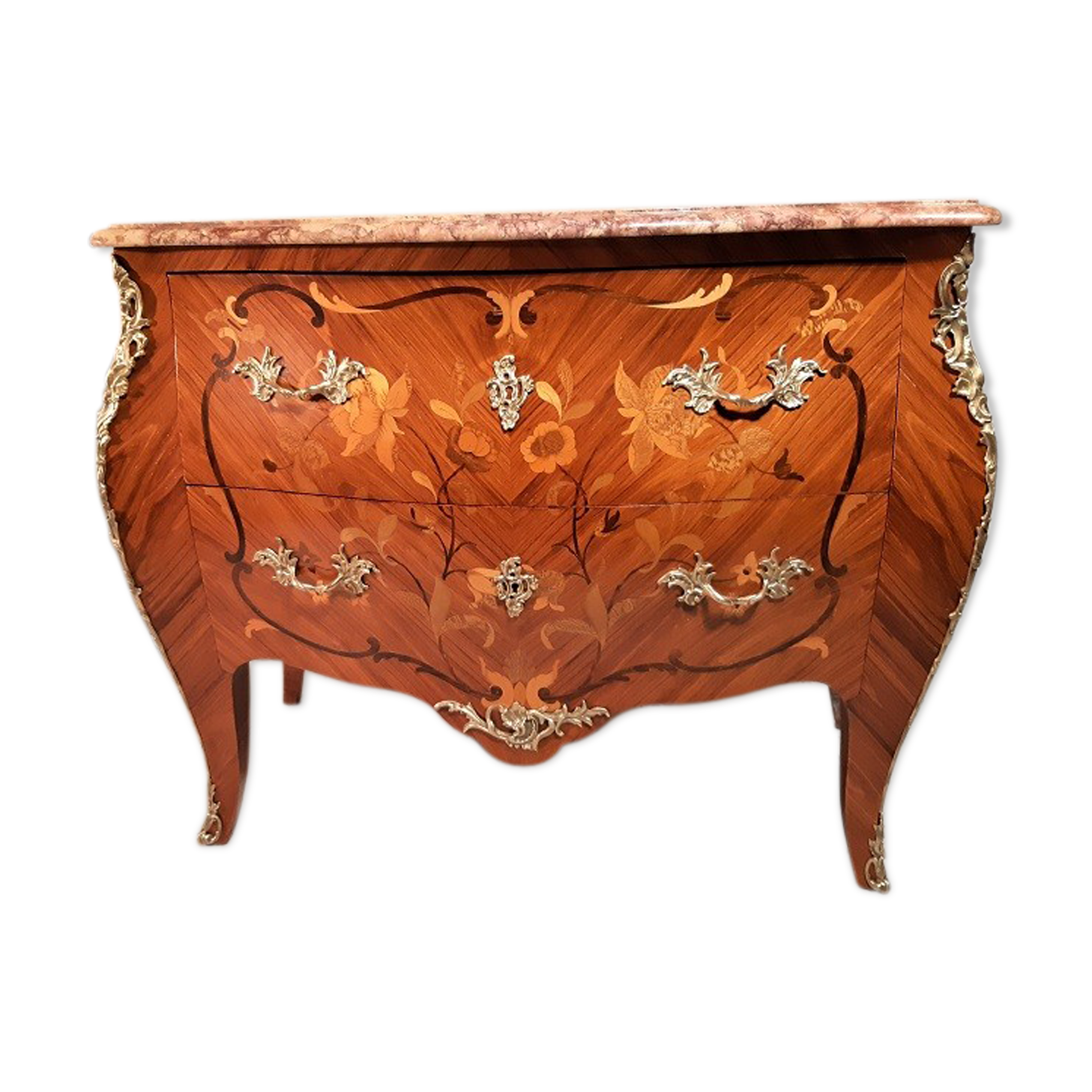 Comfortable style Louis XV rosewood, curved all sides, décor marked with flowers