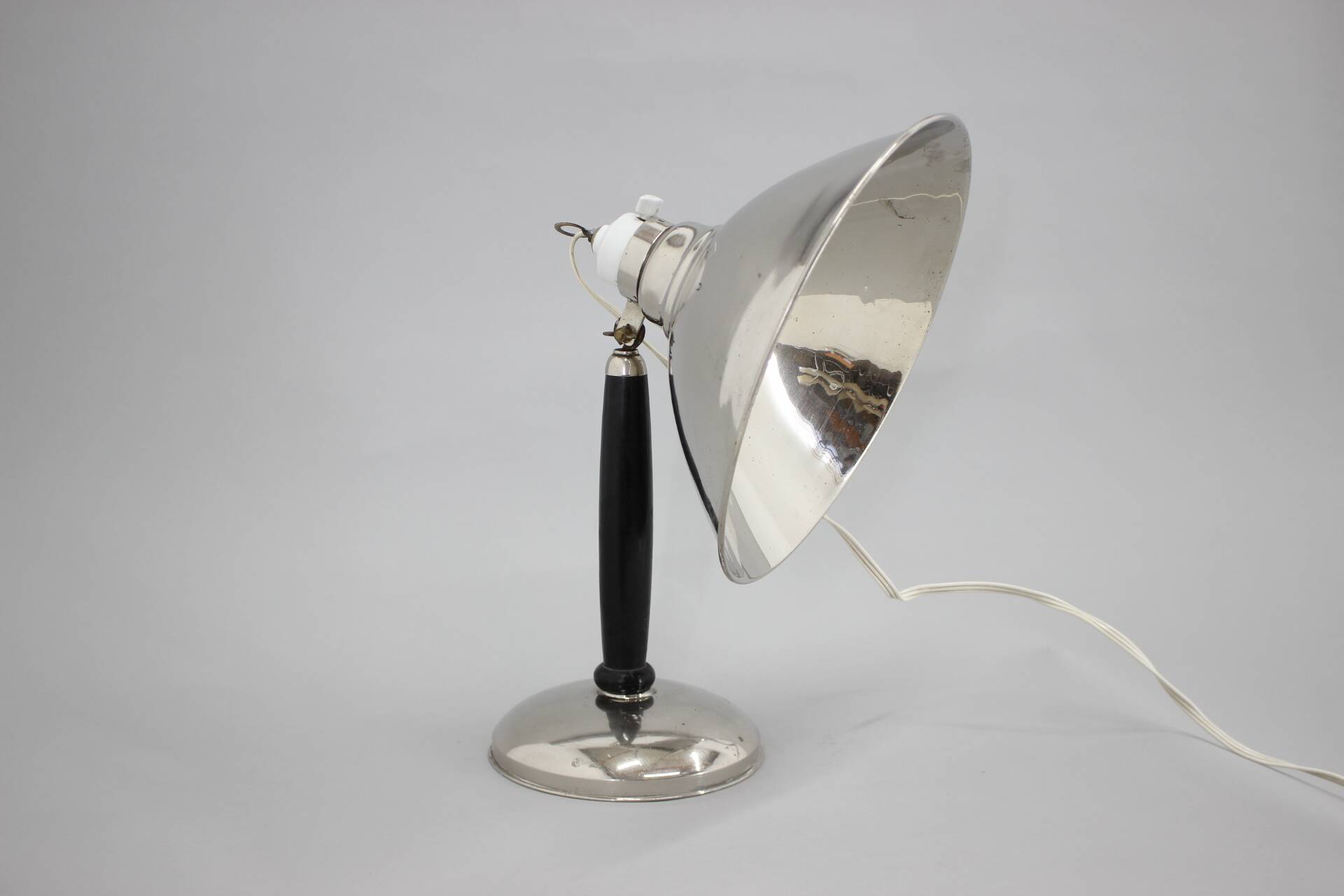 1950s Industrial Chrome & Wood Table Lamp with Ceramic Switch, Czechoslovakia