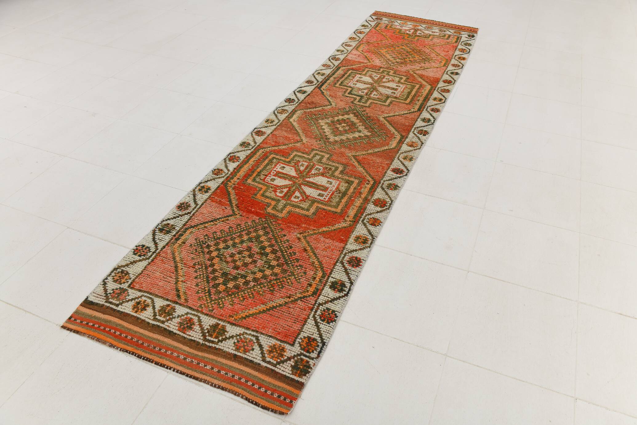 Brick Red Geometric Style Turkish Oushak Runner Rug, 90x340 Cm