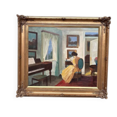 Large Original Swedish Oil on Canvas – “Interior with Reading Woman” by V. Hansen – Signed – Vintage & Framed