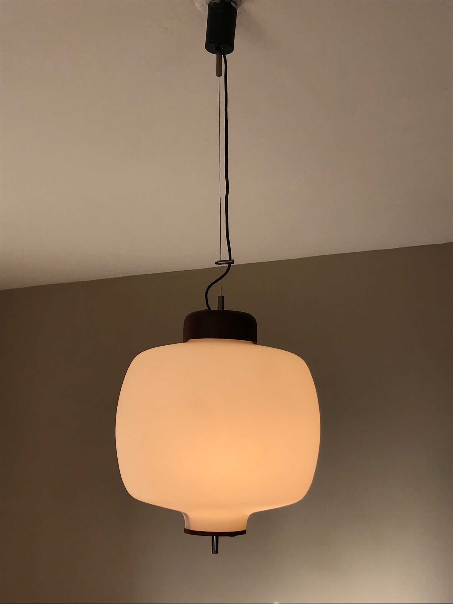 Suspension opaline et teck des années 60