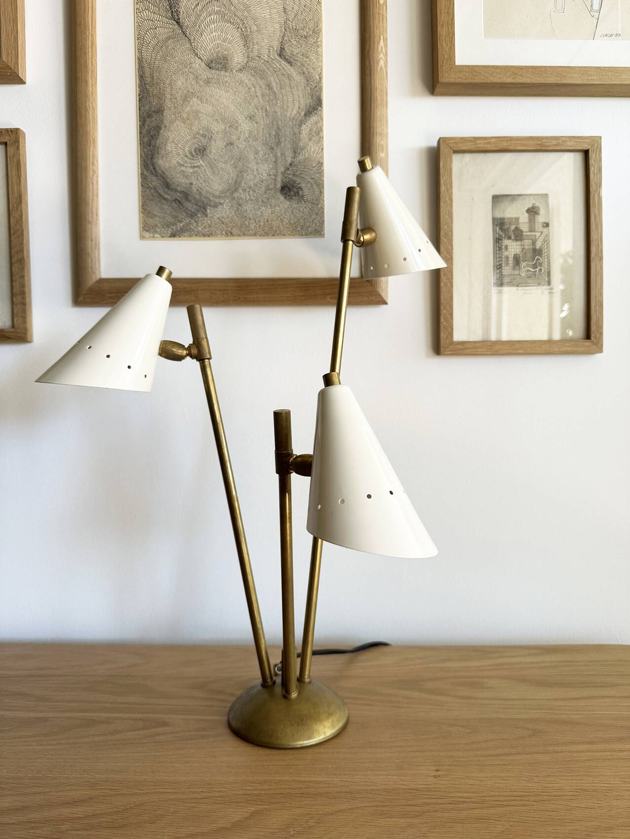 Italian lamp with three brass heads, 1950s design.