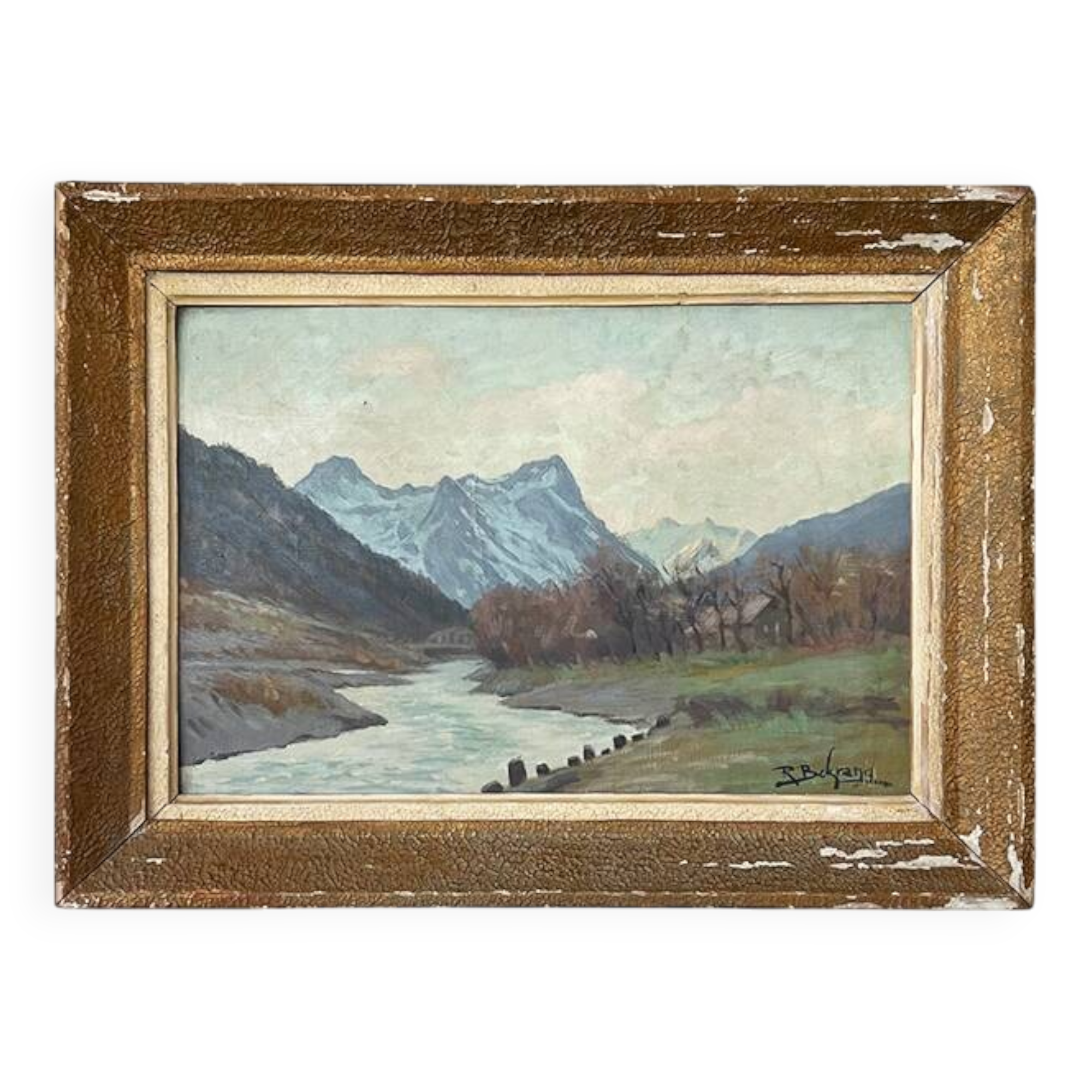 Painting "River of the Alps", Oil on panel, framed