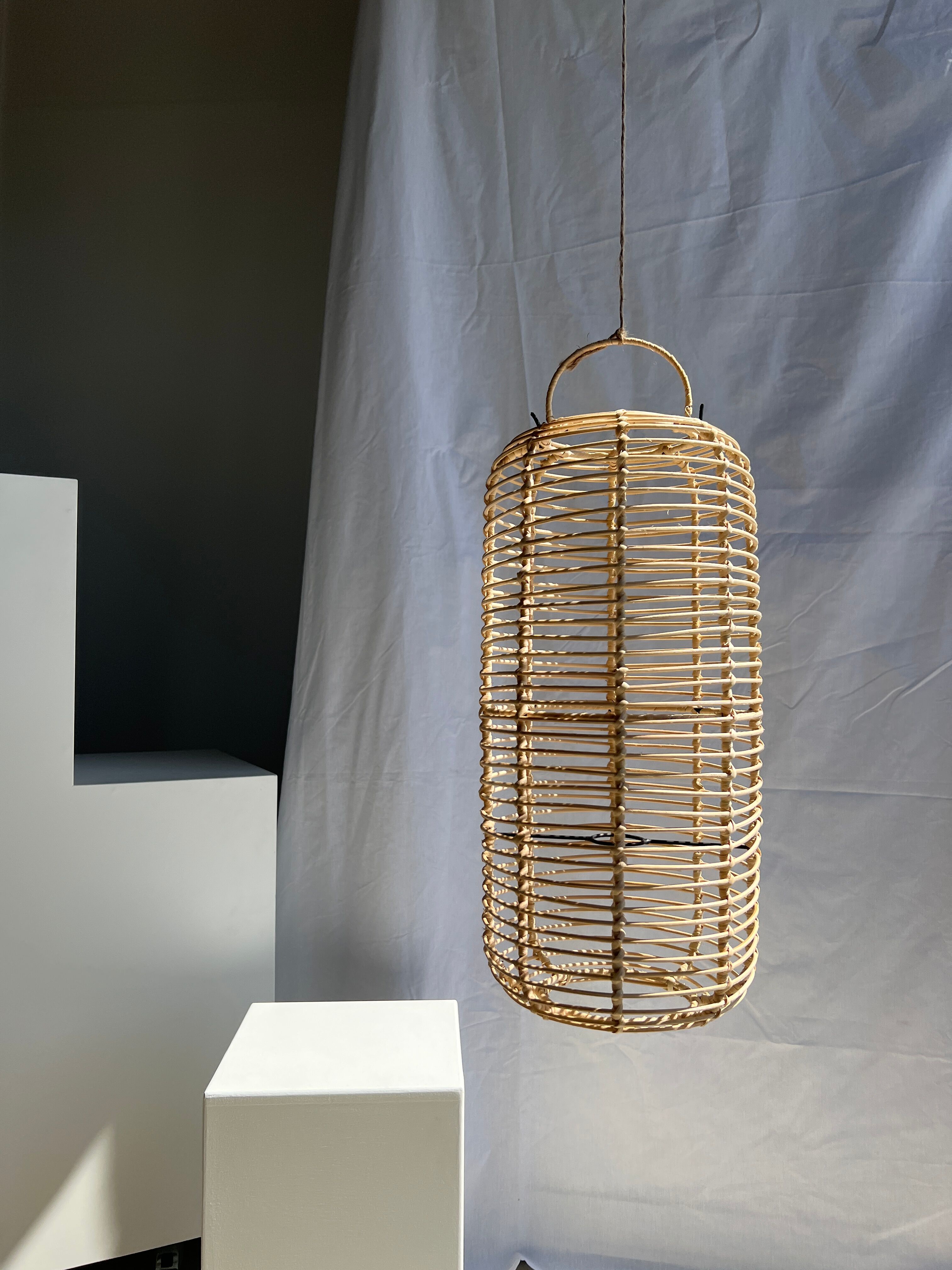 Large lantern-shaped rattan pendant lamp H50 D24