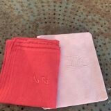 Duo set, consisting of two large pink-dyed cotton and linen towels, embroidered, TK monograms