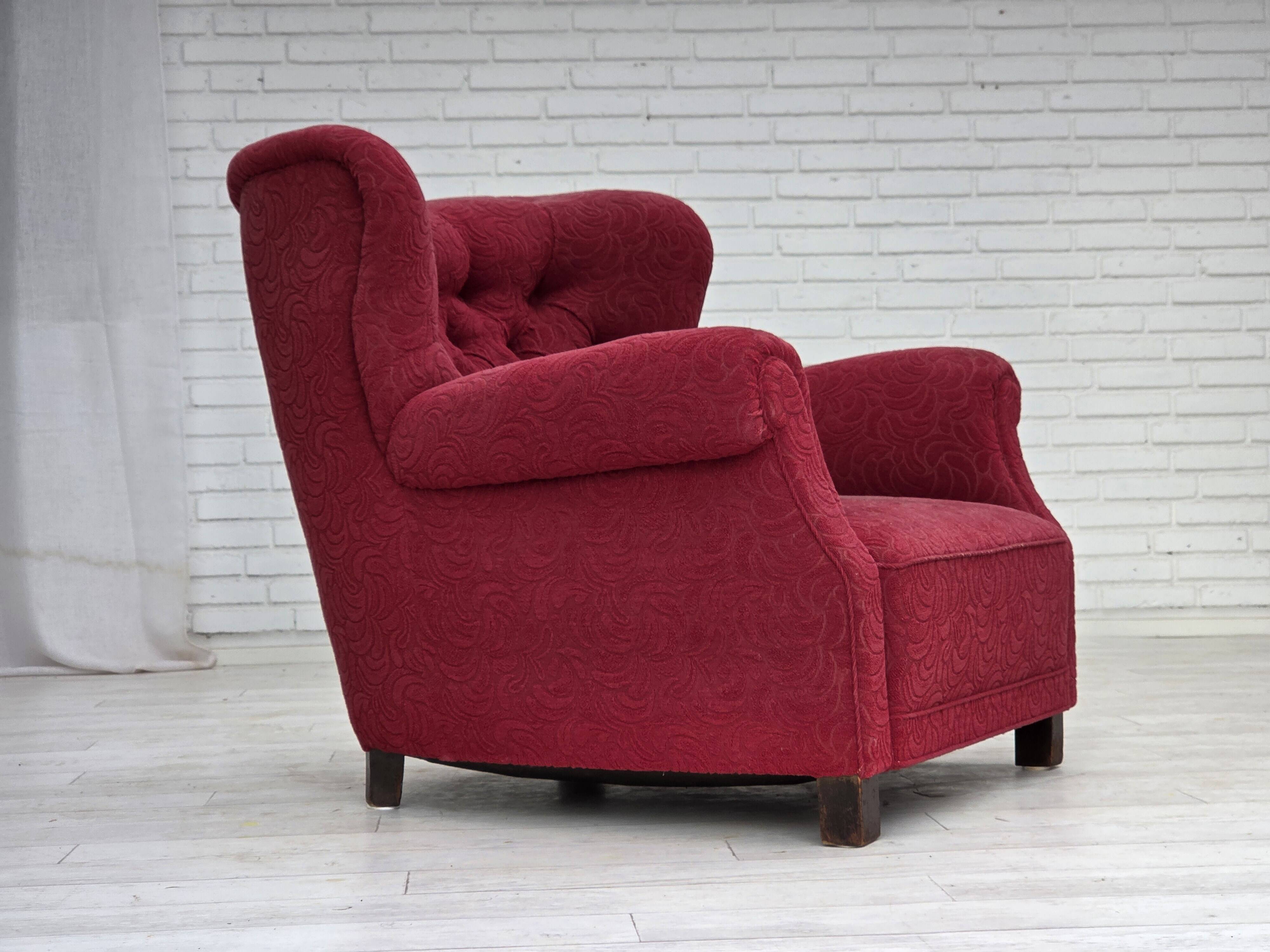 1950s, Danish relax armchair, red furniture fabric, ash wood legs.