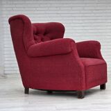 1950s, Danish relax armchair, red furniture fabric, ash wood legs.