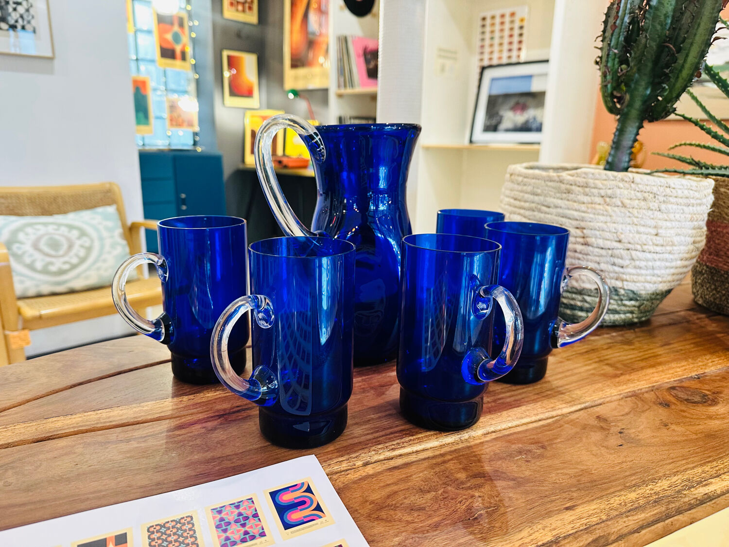 Cobalt blue Murano vintage carafe and glasses by