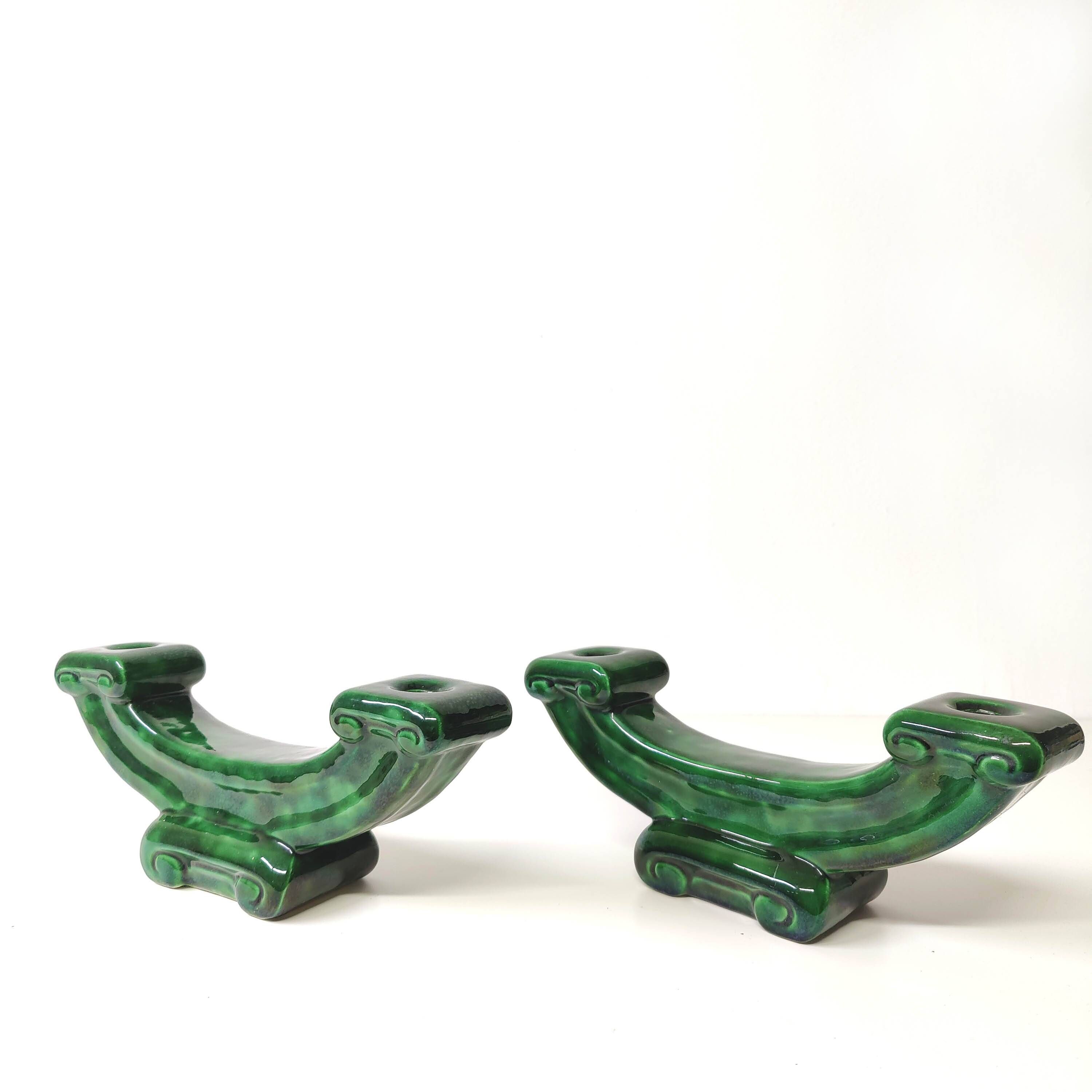 Pair of Art Deco green ceramic candlesticks by Santiago Rodriguez Bonome Paris