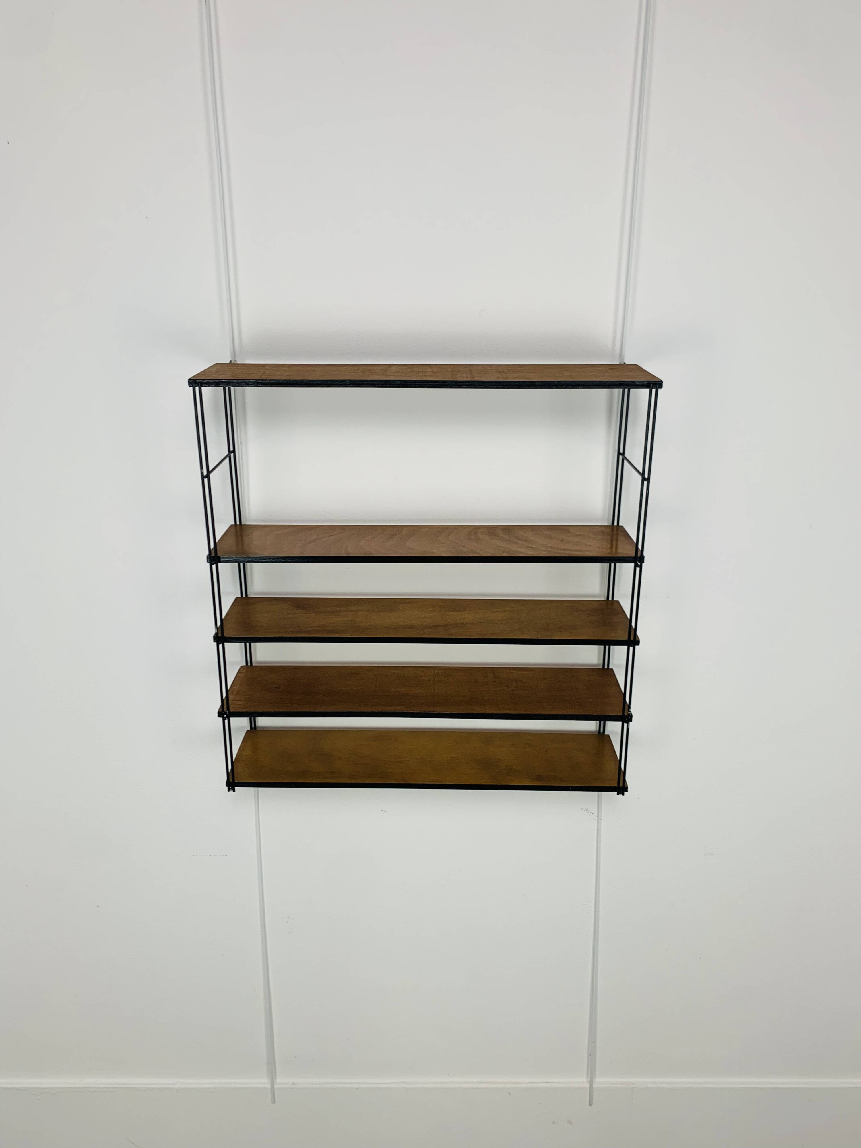 60s wall-mounted string shelf, wood and metal