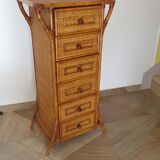 Semainier 6 tiroirs en bois, bambou et rotin tressé, années 60