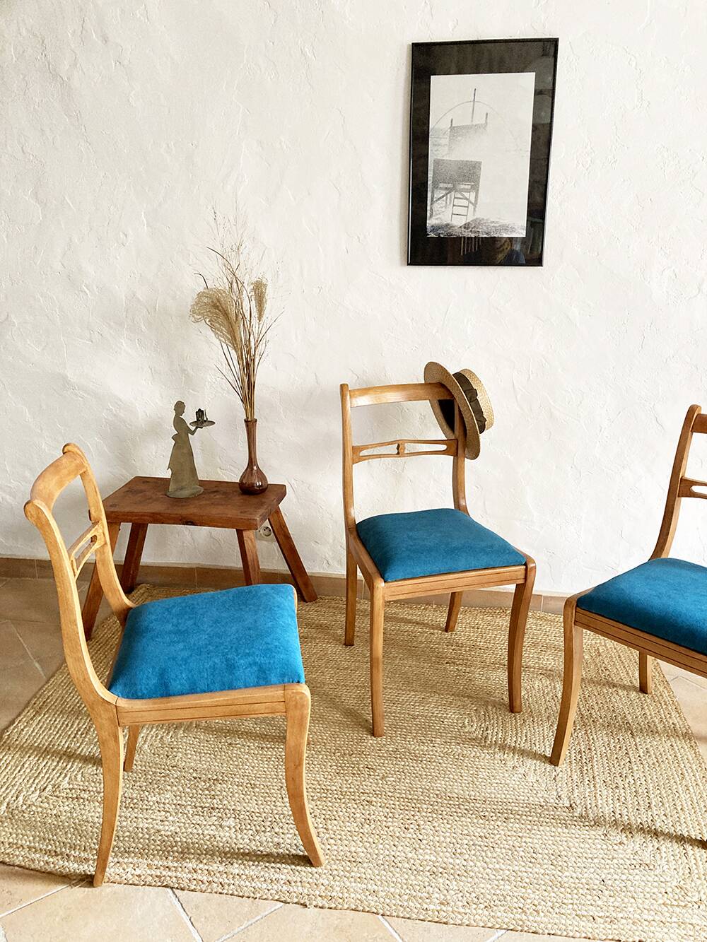 Beech wood chairs, sabre legs and upholstered seat, 1960s-1970s