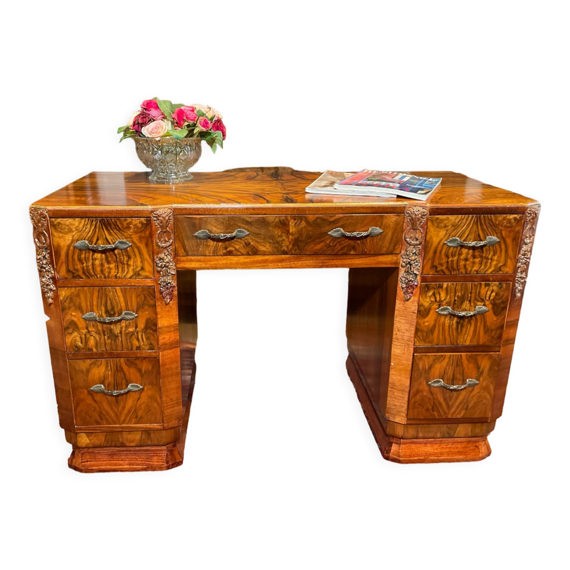 Art deco vintage brocante burr walnut desk carved 1920-1930