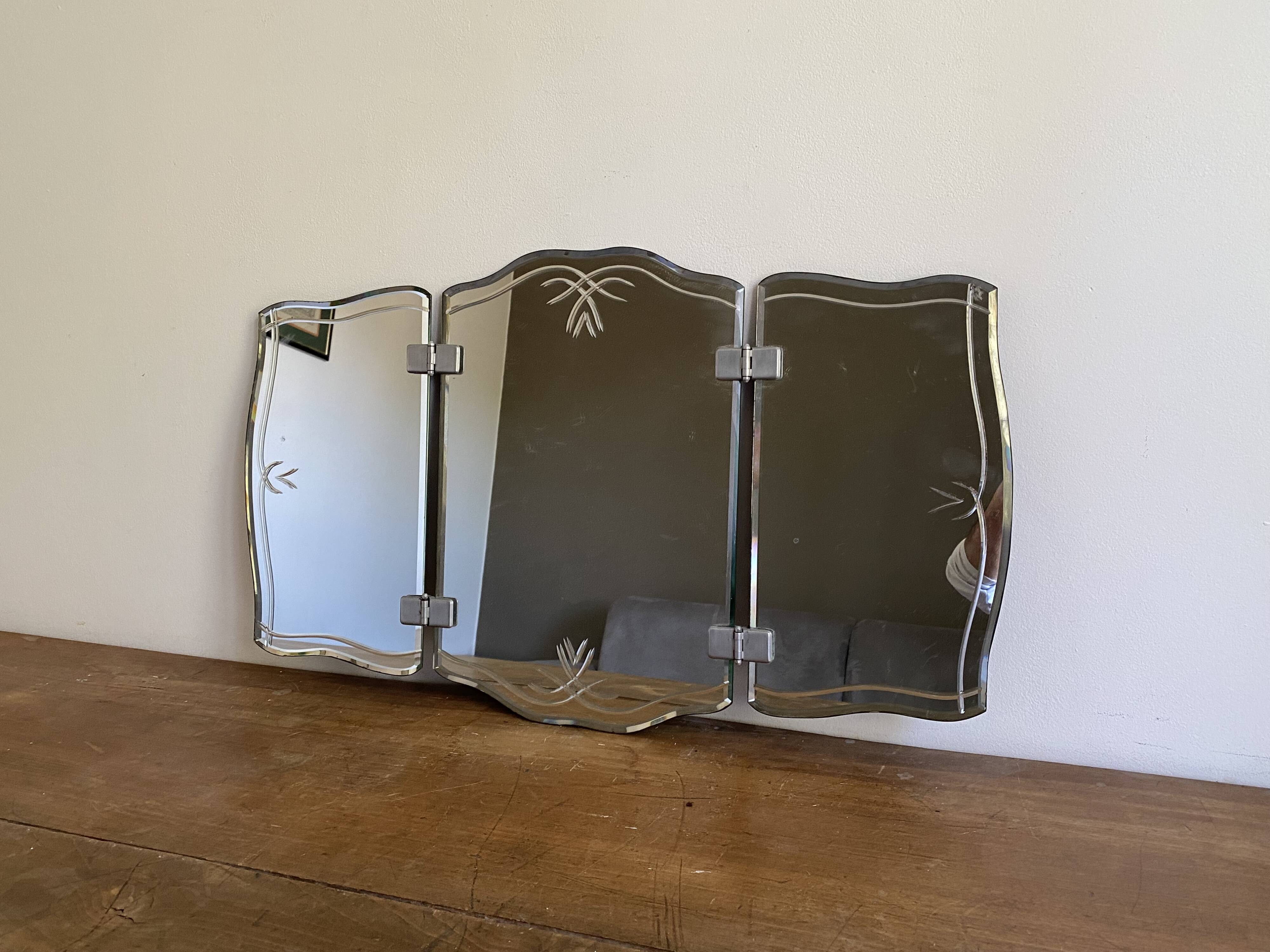 Triptych barber mirror. 1950. Bevelled.